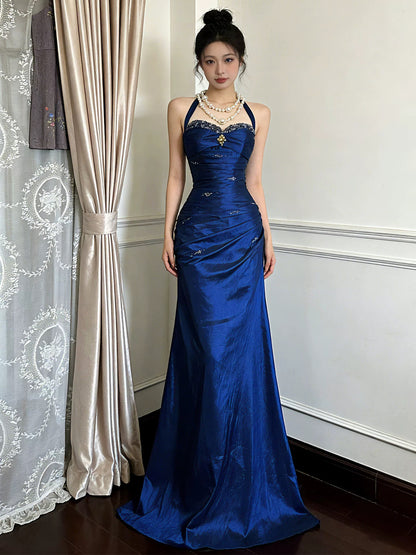 Schlichte lange Ballkleider Meerjungfrau Royalblau Satin Neckholder Abendkleid Abschlussballkleider MP293