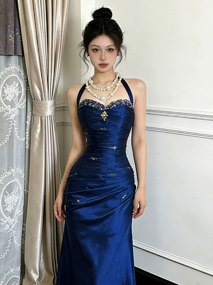 Schlichte lange Ballkleider Meerjungfrau Royalblau Satin Neckholder Abendkleid Abschlussballkleider MP293