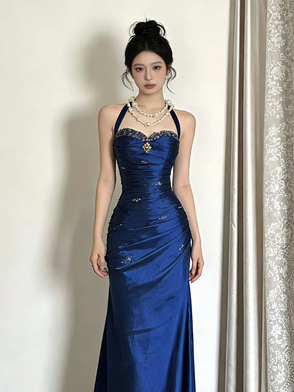 Schlichte lange Ballkleider Meerjungfrau Royalblau Satin Neckholder Abendkleid Abschlussballkleider MP293