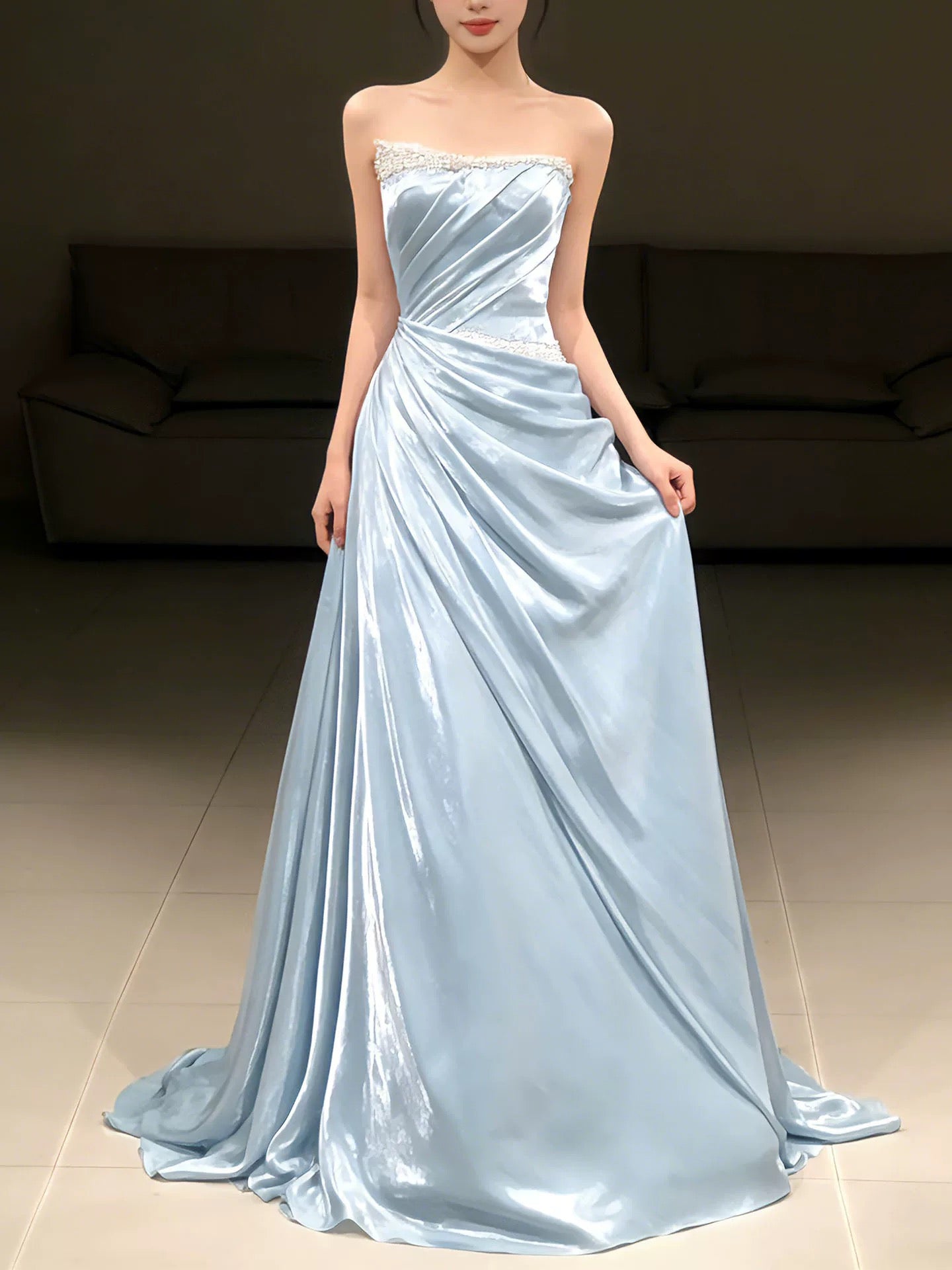 Einfache, lange Abschlussballkleider, Meerjungfrau, trägerlos, hellblaues Satin, formelles Kleid, Abschlusskleider MP294