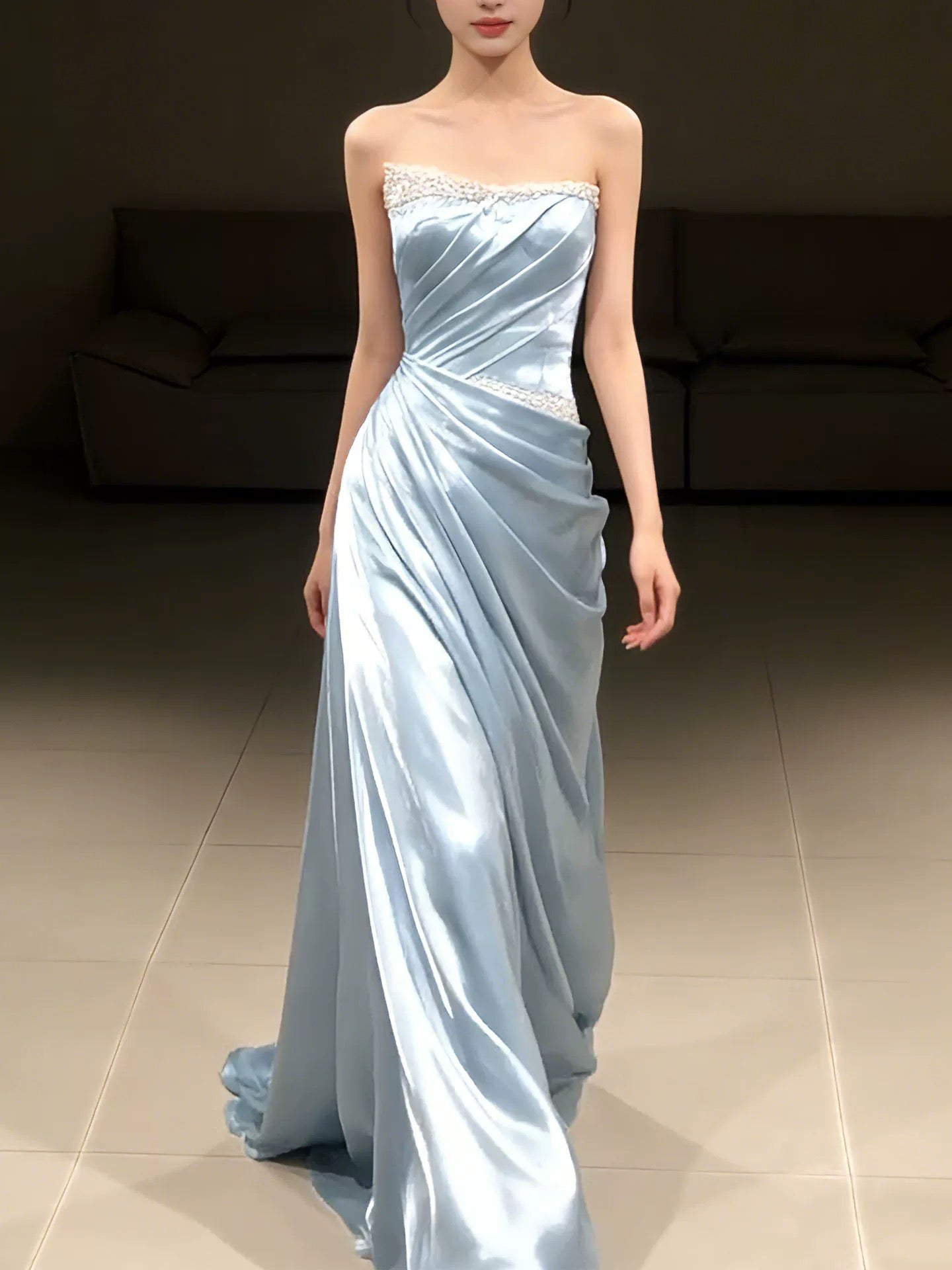 Einfache, lange Abschlussballkleider, Meerjungfrau, trägerlos, hellblaues Satin, formelles Kleid, Abschlusskleider MP294