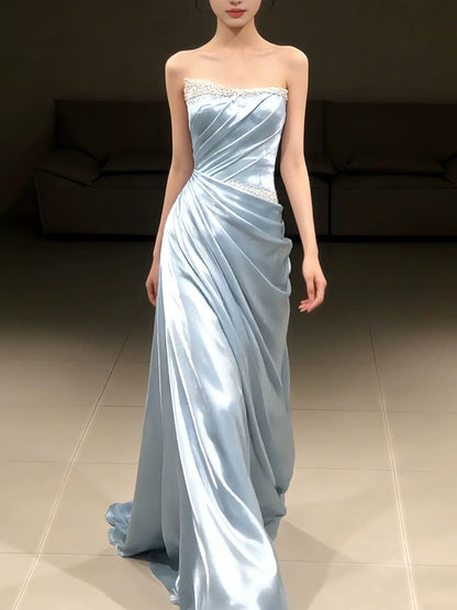 Einfache, lange Abschlussballkleider, Meerjungfrau, trägerlos, hellblaues Satin, formelles Kleid, Abschlusskleider MP294