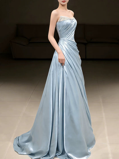 Einfache, lange Abschlussballkleider, Meerjungfrau, trägerlos, hellblaues Satin, formelles Kleid, Abschlusskleider MP294