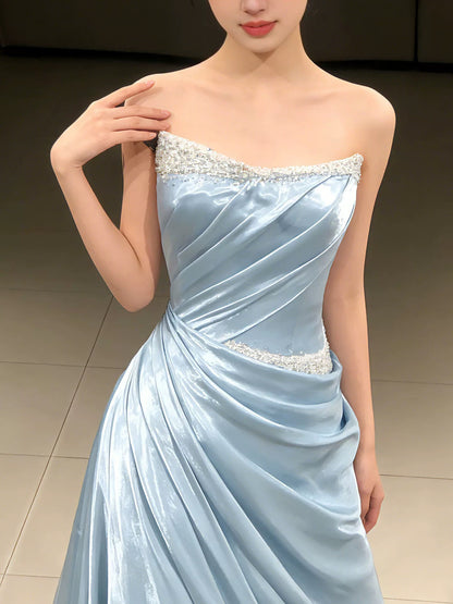 Einfache, lange Abschlussballkleider, Meerjungfrau, trägerlos, hellblaues Satin, formelles Kleid, Abschlusskleider MP294
