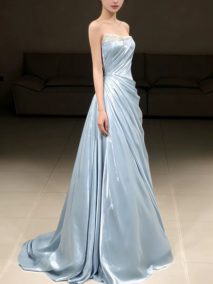 Einfache, lange Abschlussballkleider, Meerjungfrau, trägerlos, hellblaues Satin, formelles Kleid, Abschlusskleider MP294
