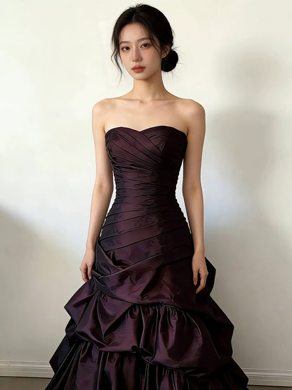 Longues Robes de Bal Vintage Cœur Violet Plissé Robe de Soirée Robes de Remise de Diplôme MP296
