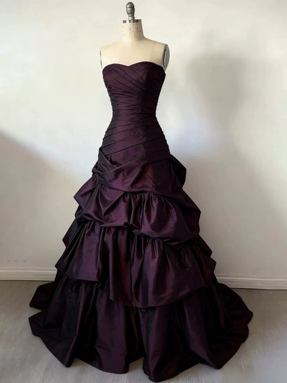 Longues Robes de Bal Vintage Cœur Violet Plissé Robe de Soirée Robes de Remise de Diplôme MP296