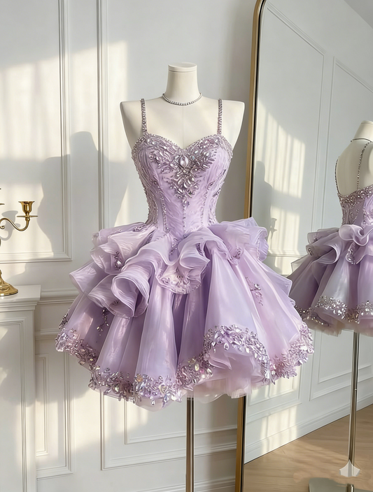 Süßes Ballkleid Spaghettiträger Rosa Tüll Mit Perlen Korsett Geburtstag Homecoming Partykleider MP549