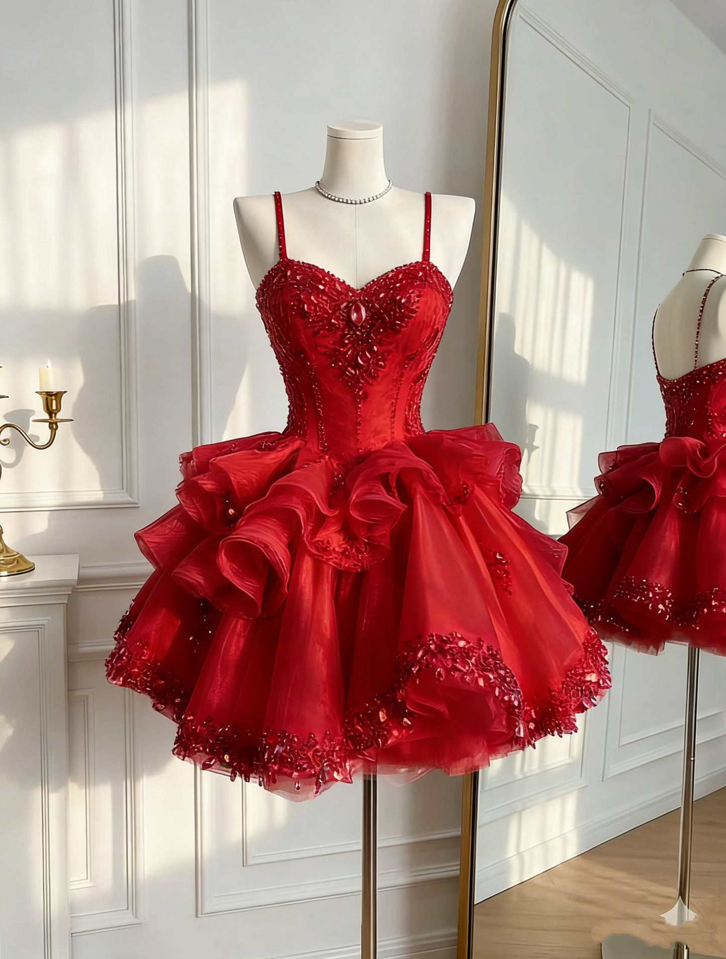 Süßes Ballkleid Spaghettiträger Rosa Tüll Mit Perlen Korsett Geburtstag Homecoming Partykleider MP549