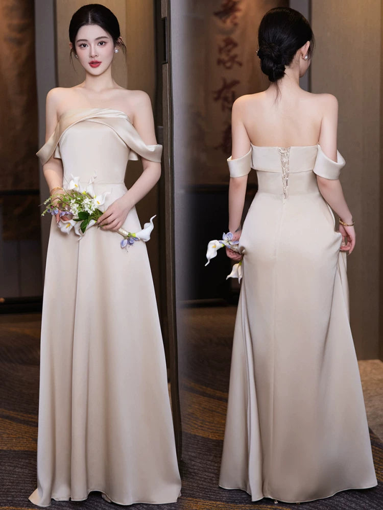 Elegantes A-Linien Neckholder Champagner Satin Bodenlanges Frühlings Sommer Brautjungfernkleid MP165