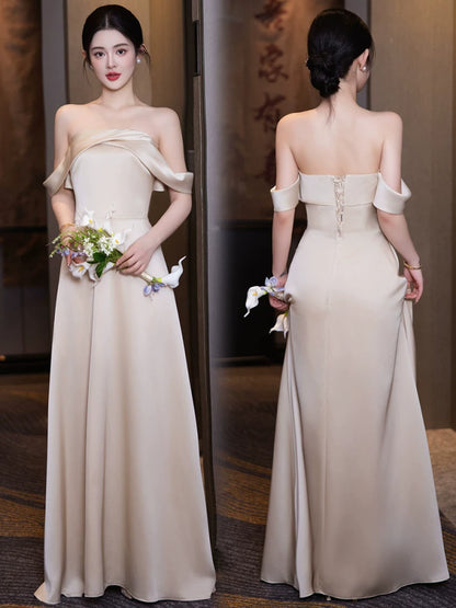 Elegantes A-Linien Neckholder Champagner Satin Bodenlanges Frühlings Sommer Brautjungfernkleid MP165