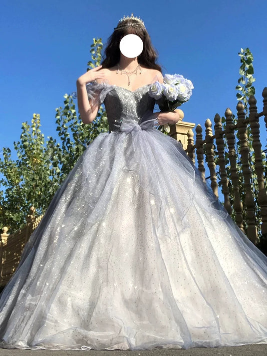 Elegantes Ballkleid schulterfrei, blau mit Paillettenärmeln, bodenlang, langes Abendkleid für Hochzeiten, Bankette, Abendgarderobe MP153
