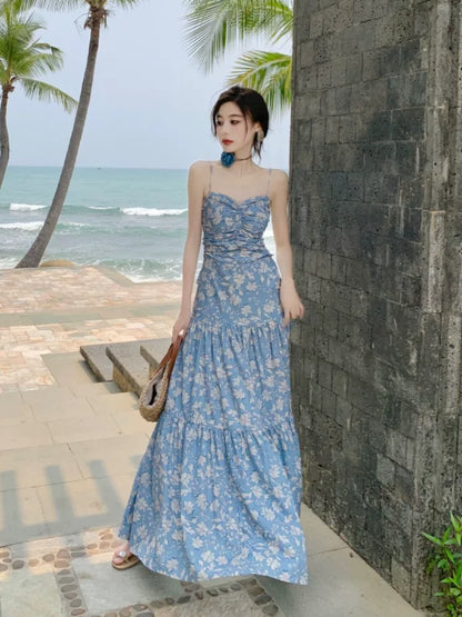 Sexy A-Linien Spaghettiträger Blumenmuster Blau Rückenfrei Langes Geburtstagskleid Für Damen Partykleider Lange Urlaub Strand Outfits MP181