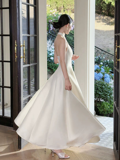 Robe de soirée/de sortie mi-longue en satin ivoire, coupe décontractée trapèze, style français, pour femmes, idées pour un 18ème anniversaire, MP136