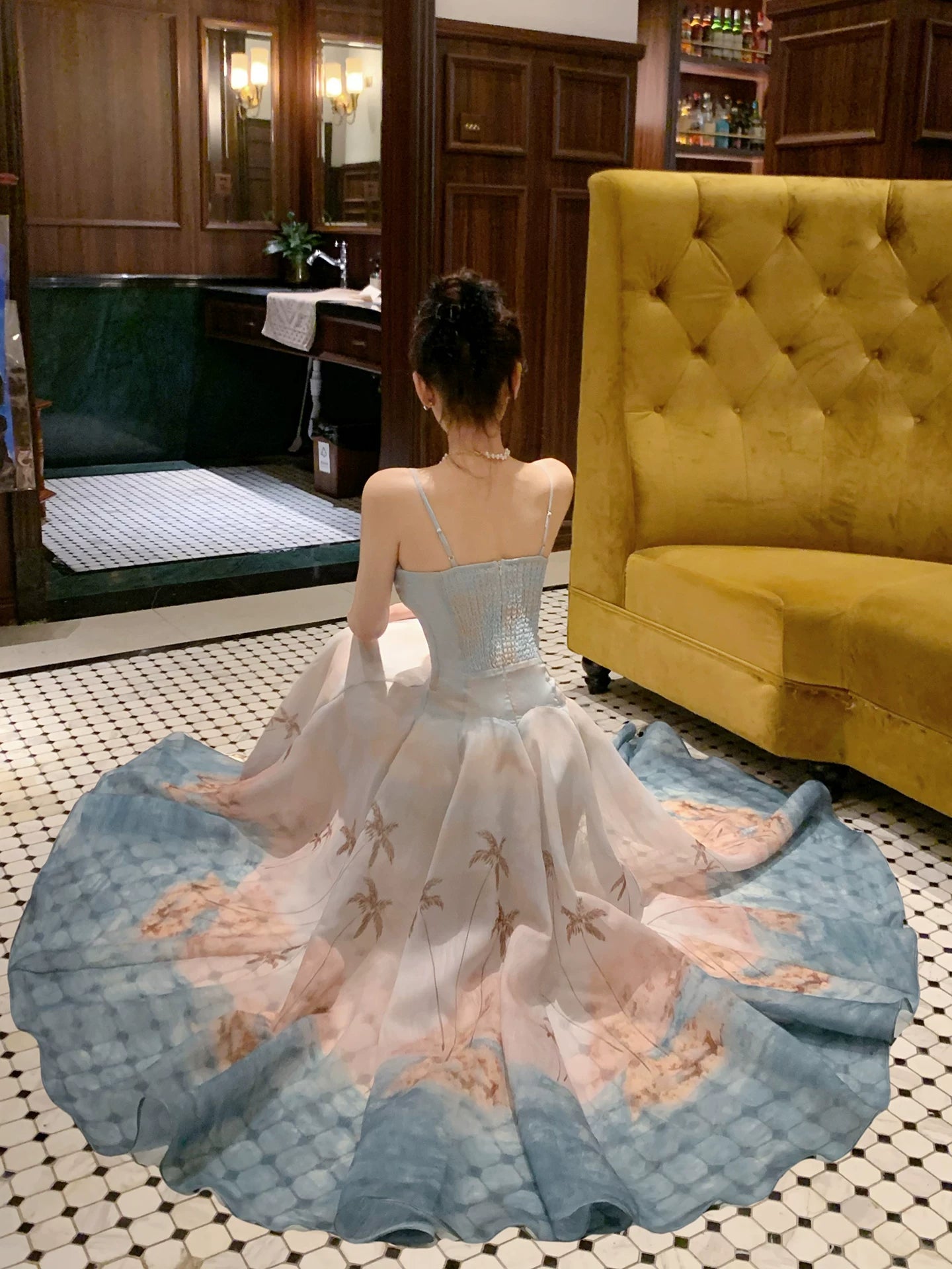 Cute A line French Style Spaghetti Strap Floral Blue Ideas For Women 18th Impress Birthday Dress Evening Night Outfit MP146