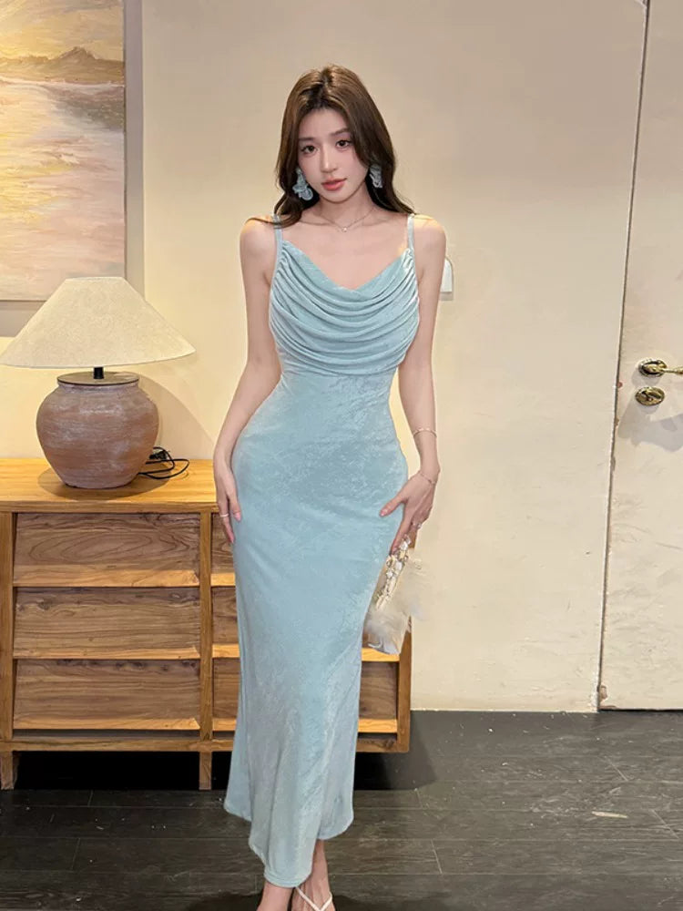 Enges Spaghettiträger Brautjungfernkleid in Blau für Damen Partykleider Abend Outfits MP197