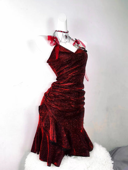 Robe de soirée courte sirène sexy à fines bretelles bordeaux à sequins, tenues de soirée MP166
