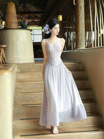 Süßes A-Linien-Kleid mit Spaghettiträgern, Flieder und Spitzenoberteil, für den 18. Geburtstag, Abendkleid für Damen, Partykleider, Urlaub, Strand-Outfits MP203