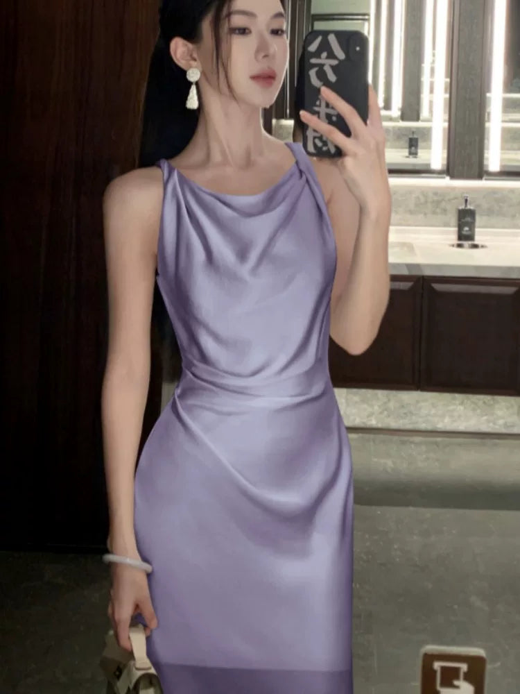 Robes de soirée simples en satin lilas à col bénitier sirène pour femmes Robes de fête Tenues de soirée MP186
