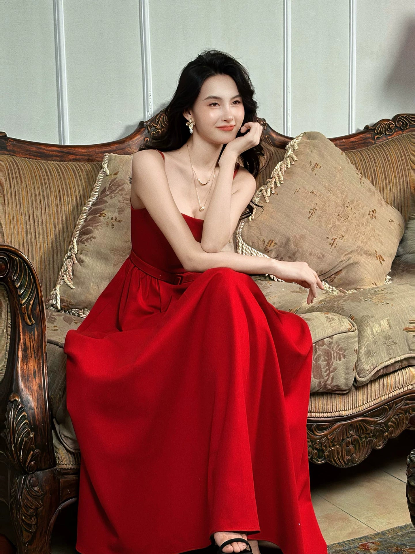 Einfaches A-Linien-Spaghettiträger-Kleid aus rotem Satin für Damen zum 21. Geburtstag, beeindruckendes Abendoutfit MP100