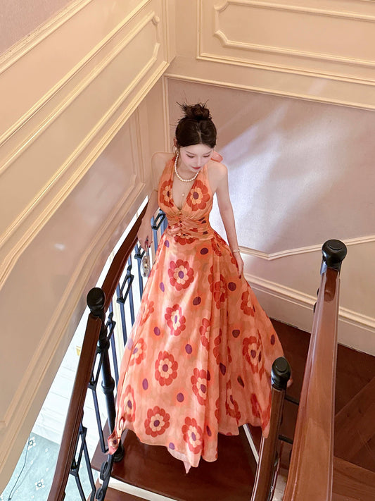 Französischer Stil A-Linie Neckholder Chiffon mit Blumenmuster Ideen für Frauen 21. Geburtstag beeindrucken Abendkleid Outfit MP146