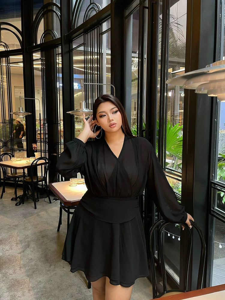 Black V-neck long-sleeved shirt dress for women plus size sexy waist-cinching slimming short holiday dress mp087
