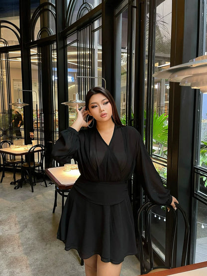 Black V-neck long-sleeved shirt dress for women plus size sexy waist-cinching slimming short holiday dress mp087