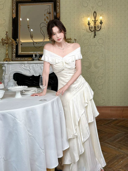 Idées de Robes de Soirée Plissées Blanches Simples Épaules Dénudées Style Sirène pour le 18ème Anniversaire de Femme, Tenues de Soirée MP111