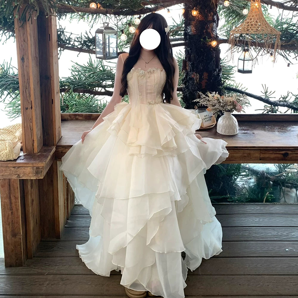 Elegant Ball Gown Spaghetti Strap Champagne Full Length Long Evening Gown Wedding Banquets Night Dresses MP159