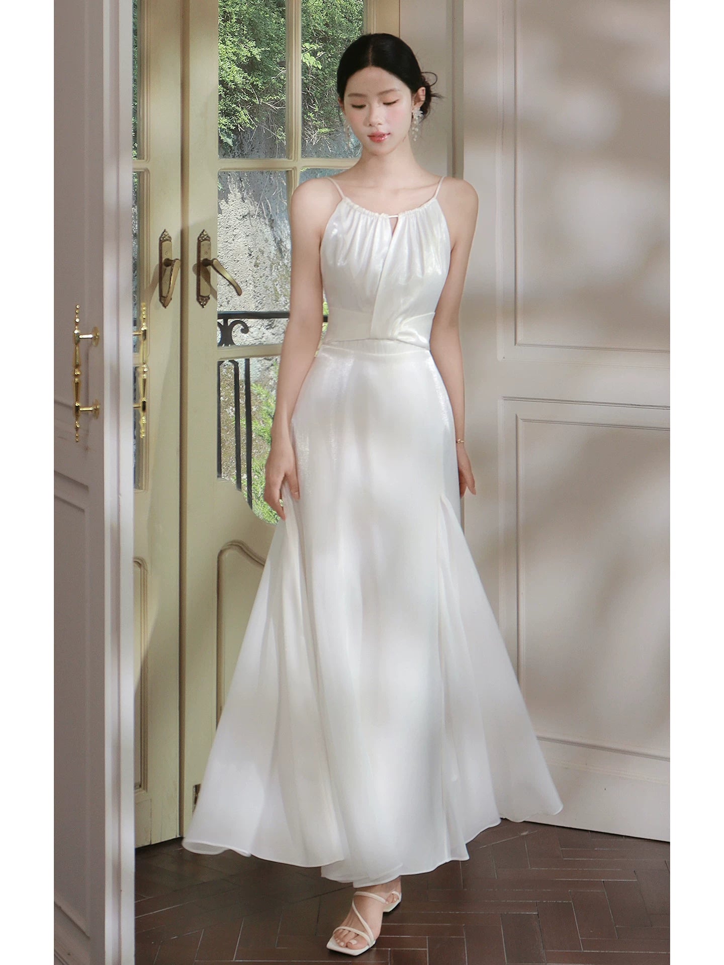 Günstige A-Linien Spaghettiträger Weißer Satin Ideen Für Frauen 18. Geburtstag Abendkleid Nacht Outfit MP117