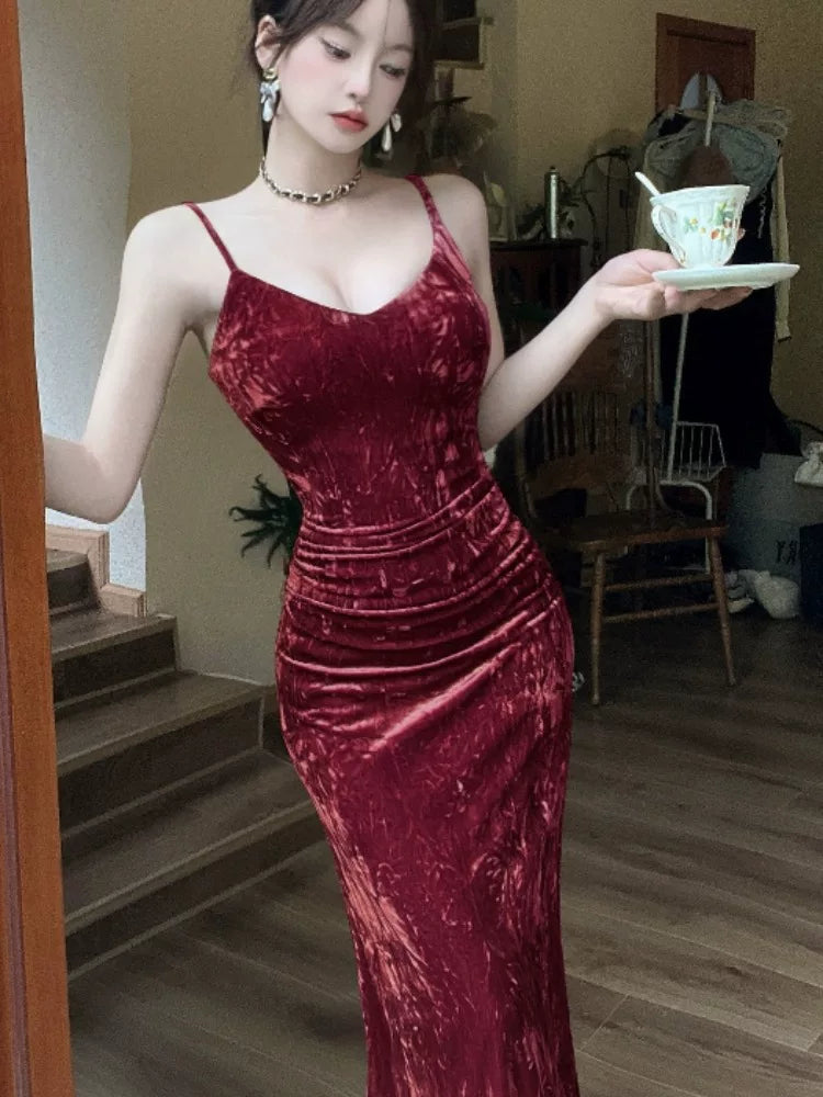 Robes de soirée mi-longues en velours à fines bretelles pour femmes, robes de cocktail, tenues de soirée MP204