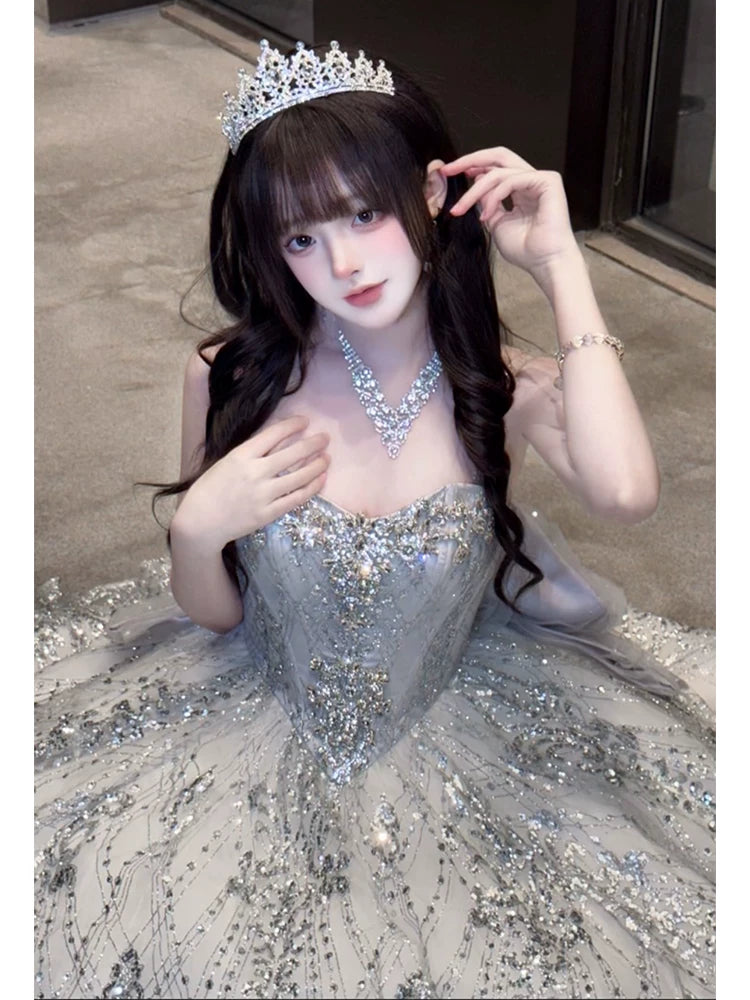 Sparkly Long Tiered Quinceañera Dresses Ball Gown Sweetheart Silver Gray Sequin Quince Dress MP125