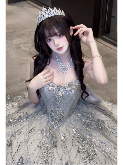 Sparkly Long Tiered Quinceañera Dresses Ball Gown Sweetheart Silver Gray Sequin Quince Dress MP125