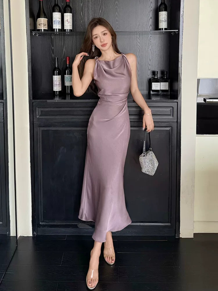 Robes de soirée simples en satin lilas à col bénitier sirène pour femmes Robes de fête Tenues de soirée MP186