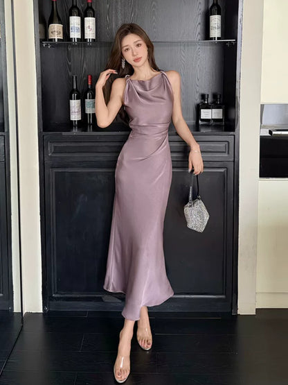 Robes de soirée simples en satin lilas à col bénitier sirène pour femmes Robes de fête Tenues de soirée MP186