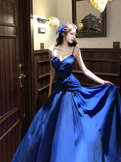 Französischer Stil A-Linie Spaghettiträger Damen Königsblau Partykleid Lange Abendgarderobe MP168