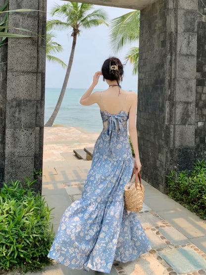 Sexy A-Linien Spaghettiträger Blumenmuster Blau Rückenfrei Langes Geburtstagskleid Für Damen Partykleider Lange Urlaub Strand Outfits MP181