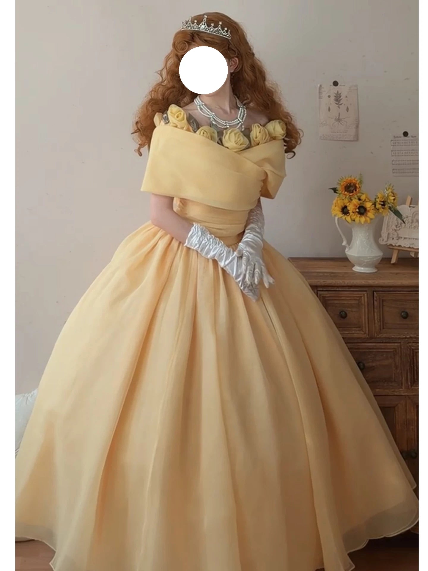Sweet Long Tiered Quinceañera Dresses Ball Gown Off The Shoulder With Short Sleeves Yellow Floral Quince Dress MP158