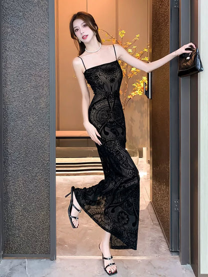 Robe de bal noire en dentelle avec bretelles fines sirène sexy pour femmes, tenues de soirée d'anniversaire longues MP193