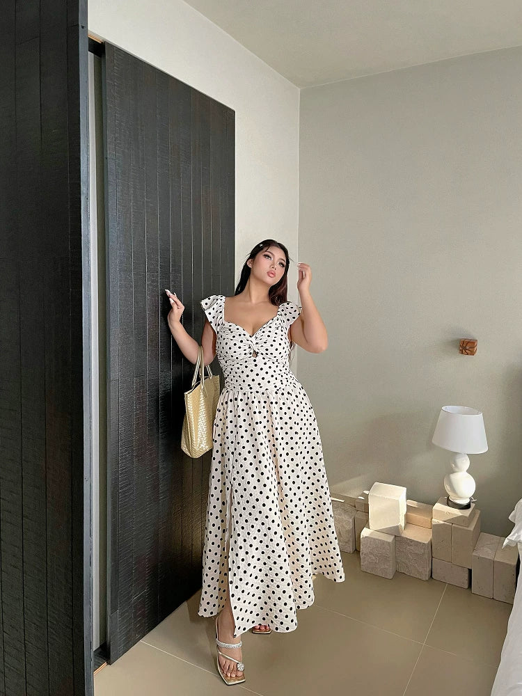 French-style high-end polka dot dress new summer style plus size waist-cinching slimming slit maxi dress for beach vacation mp088