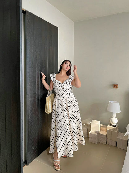 French-style high-end polka dot dress new summer style plus size waist-cinching slimming slit maxi dress for beach vacation mp088