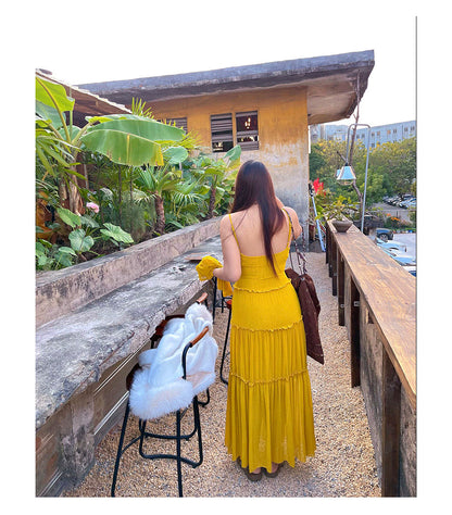 Sexy, figurschmeichelndes, gelbes Spaghettiträger-Maxikleid für große Größen, ärmelloses, langes Urlaubskleid MP081