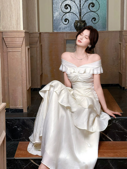 Idées de Robes de Soirée Plissées Blanches Simples Épaules Dénudées Style Sirène pour le 18ème Anniversaire de Femme, Tenues de Soirée MP111