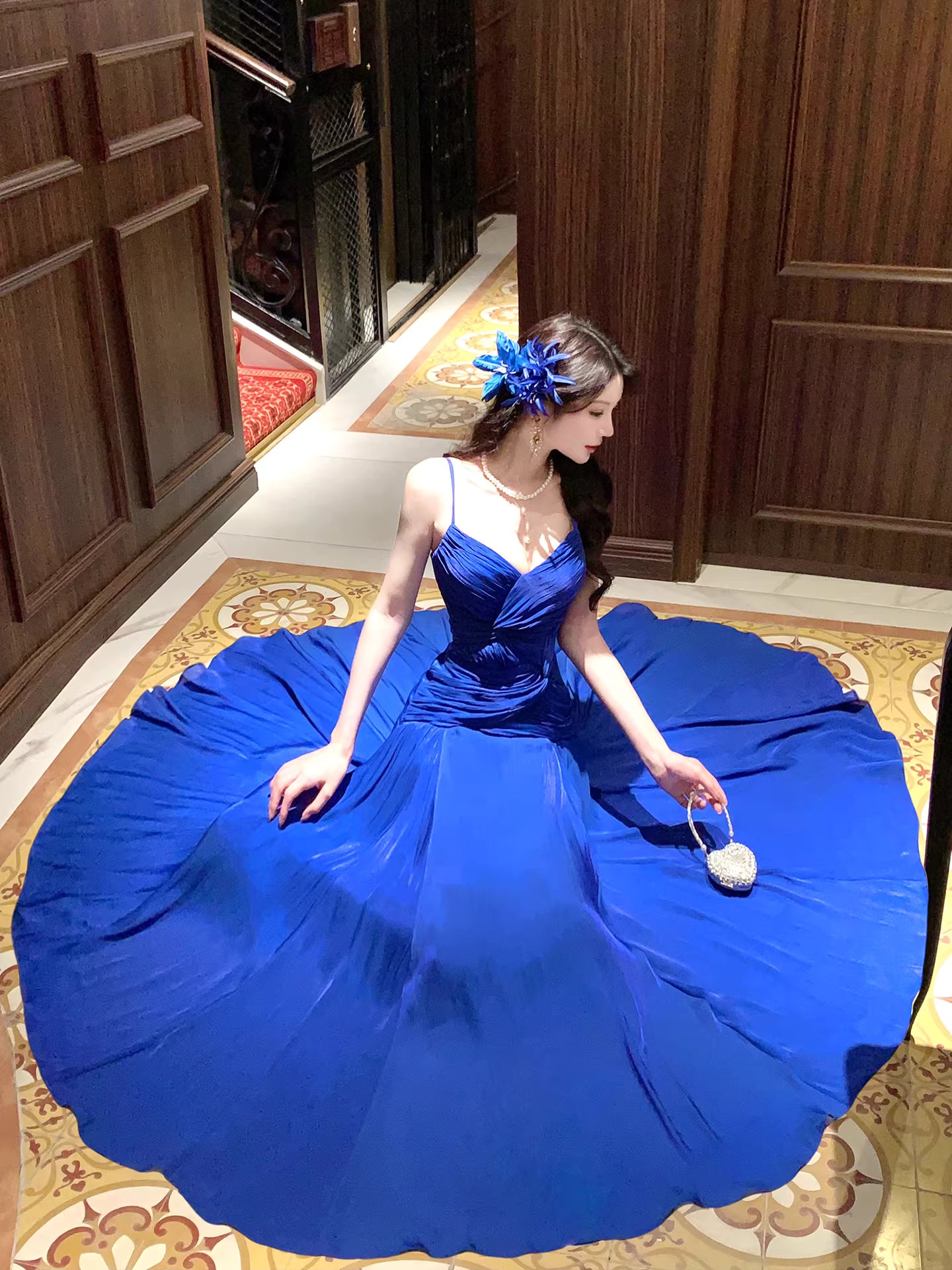 Französischer Stil A-Linie Spaghettiträger Damen Königsblau Partykleid Lange Abendgarderobe MP168