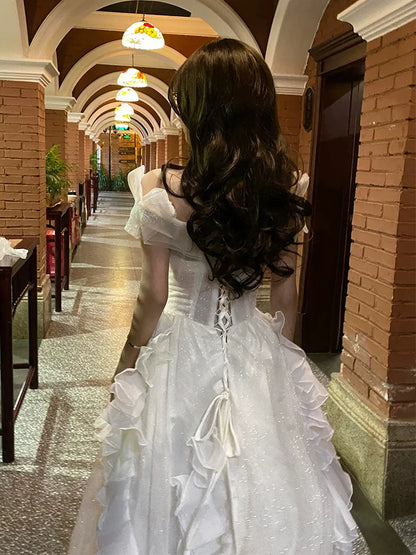 Longue robe de quinceañera à volants, coupe boule, épaules dénudées, en mousseline couleur champagne, robe de quince MP122