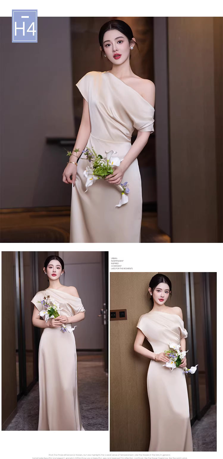 Elegantes A-Linien Neckholder Champagner Satin Bodenlanges Frühlings Sommer Brautjungfernkleid MP165