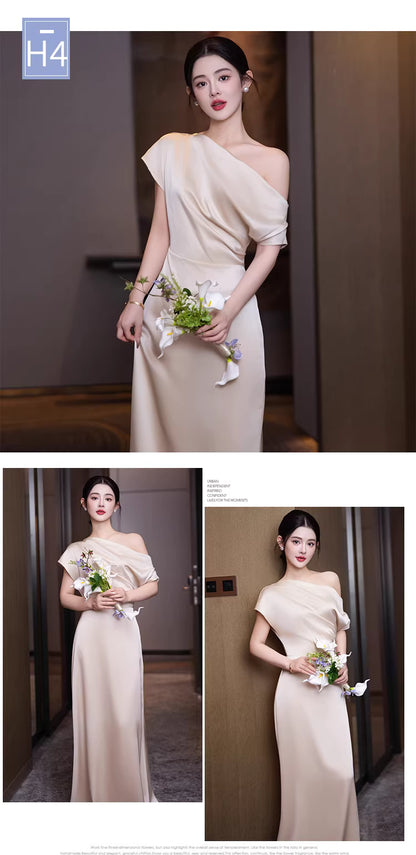 Elegantes A-Linien Neckholder Champagner Satin Bodenlanges Frühlings Sommer Brautjungfernkleid MP165