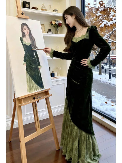 Vintage Meerjungfrau Quadratischer Ausschnitt Grünes Samt Langarm Geburtstagskleid für Damen Partykleider Lange Abendkleider MP176