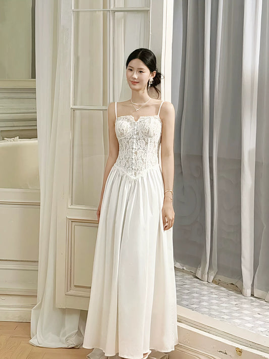 French Style Casual A Line Spaghetti Strap White Lace Ideas For Women 21st Impress Birthday Dress Evening Night Outfits MP131