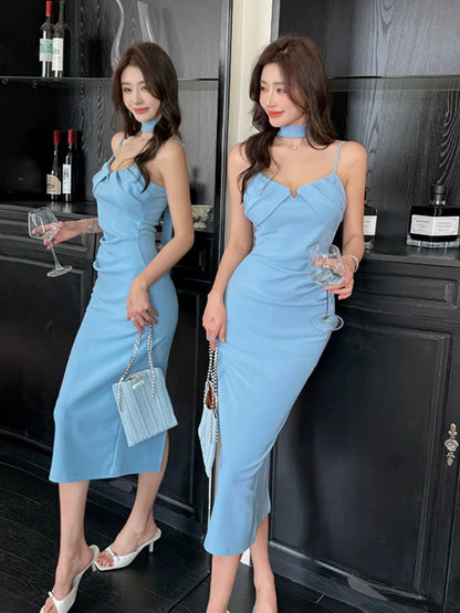 Simple Sheath Spaghetti Strap Blue Satin Birthday Gown For Women Party Dresses Holiday Beach Outfits MP199